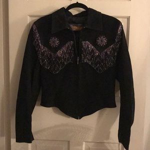 Black leather multi color beaded shirt jacket